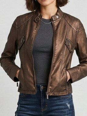 JouJou Brown Faux Leather Moto Jacket Size S